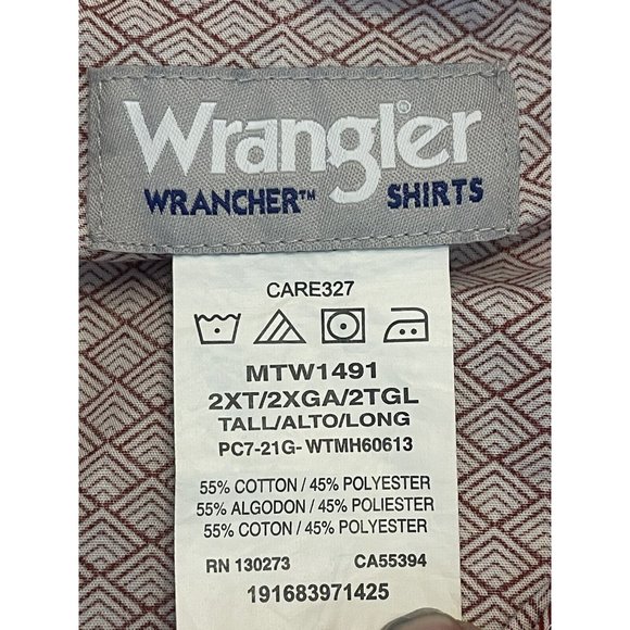 Wrangler Wrancher Pearl Snap Shirt Mens 2XT Red Geometric Long Sleeve Western‎ - Picture 6 of 6
